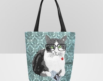 Canvas Tote Bag, Literary Cat, Reading Moby Dick Book, Shopping Bag