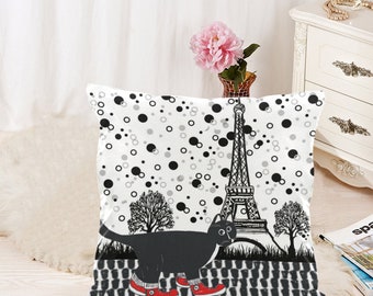 Black and White Tuxedo Cat with Red Sneakers in Paris France Decorative Cushion Cover