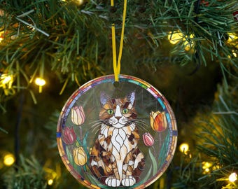Adorno de acrílico con flores de tulipán en forma de gato atigrado, regalo para amantes de los gatos, adorno navideño, regalo navideño para mascotas, retrato de mascota, relleno de medias