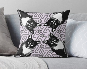 Tuxedo Black and White Cat, Purple Retro Pattern Decorative Cushion Cover