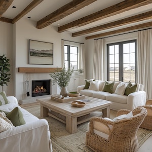 May include: A white sofa with green throw pillows sits in a living room with a wood beam ceiling, a fireplace, and a large coffee table.