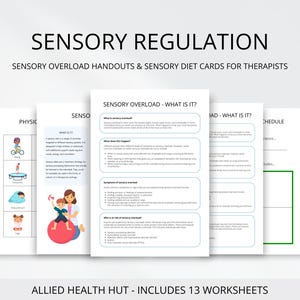 Folhetos educacionais sobre terapia de sobrecarga sensorial para gerenciamento de sobrecarga e regulação emocional, cartões de dieta sensorial, exercícios e atividades