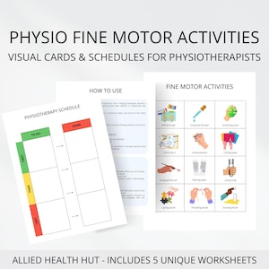 Hojas de trabajo de herramientas de fisioterapia para desarrollar habilidades motoras finas, tarjetas visuales y horarios para fisioterapeutas y apoyo para discapacitados
