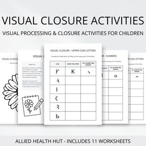 Ejercicios y plantillas de procesamiento visual y cierre visual para niños y adolescentes para uso en terapia, incluye letras, números e imágenes
