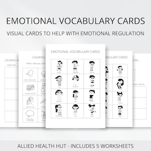 Tarjetas de vocabulario sobre regulación emocional y actividades relajantes para niños y personas con discapacidad que apoyan la expresión de emociones y la verbalización de sentimientos