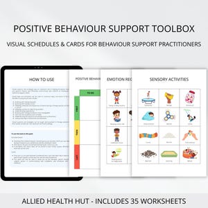 Caja de herramientas para el plan de apoyo a la conducta positiva, horarios visuales y tarjetas para docentes y profesionales de apoyo conductual en entornos de terapia infantil.