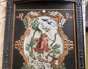 Antique Cast Iron Fireplace Summer Cover — Polychrome Diana the Huntress Relief in Rococo Cartouche, with Surround