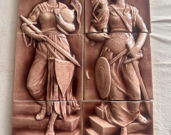 Antique Kensington Art Tile GUERRE & VICTOIRE Figural Pair Mueller c.1885 KY