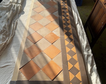 Antique AETCo Encaustic Fireolace Tile Hearth Geometric Salmon & Umber Zanesville Manor