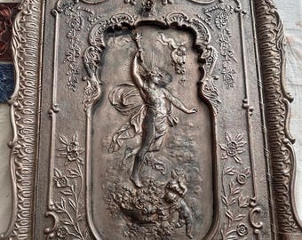 Antique Cast Iron Fireplace Summer Cover — Aurora, Dawn-Bringer — Original Nickel Finish — Ragon Mansion Provenance — 26.5”×32”