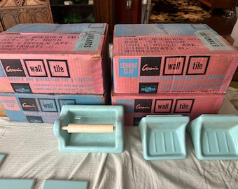 Complete MCM Aquamarine Bathroom Tile Set NOS w/ Trim, Accessories & Guide