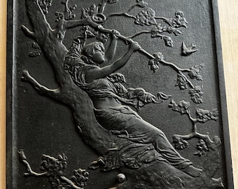 Antique Cast Iron Fireplace Summer Cover Dryad Nymph in Flowering Tree Figural