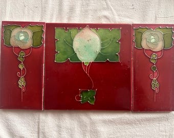 Antique English Art Nouveau Tube-Lined Tile Set — Oxblood Red Floral, Three Pieces, c.1900-1915