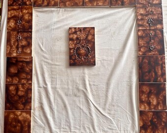 Antique Cambridge Tile Mfg Co Tortoiseshell Fireplace Surround 17 Tiles Rococo Floral Relief c.1900