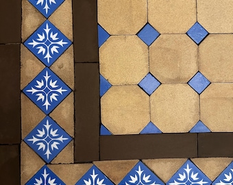 Antique AETCo Encaustic Fireplace Tile Hearth Cobalt & Buff Octagon Zanesville Manor