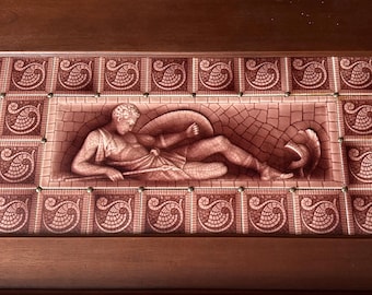 Antique American Encaustic Tile Roman Soldier Figural Panel, Original Oak Frame, Majolica Art Tile, Catalog 053-042, c. 1905