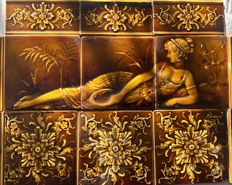 Trent Tile Co. Figural Panel Set — Documented “Woman with a Tambourine in Repose” — Aesthetic Movement Relief, c. 1883–1895