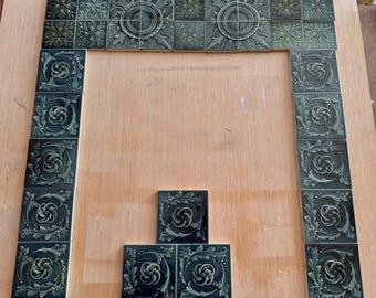 Antique Kensington Art Tile Fireplace Surround Cobalt Acanthus Sun Medallions