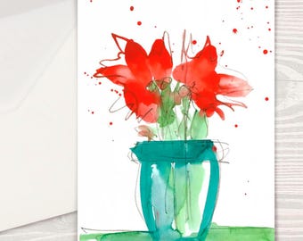 Card - Red Flowers, 5 Pack Note Cards