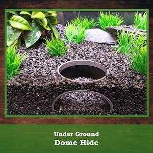 May include: An aquarium scene with a black gravel base, artificial green plants, and a grey dome hide. The text "Under Ground Dome Hide" is displayed at the bottom of the image. The scene is framed with a green border and a wooden background.