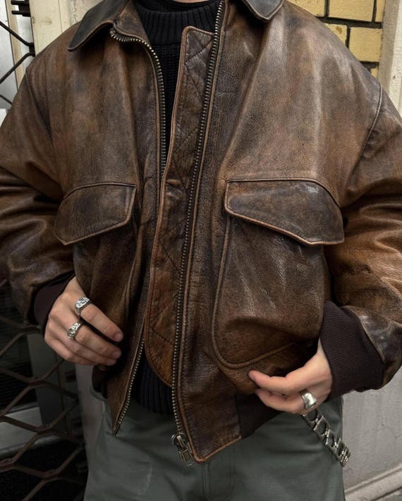 90's Vintage Distressed Brown Leather Bomber Jacket Classic
