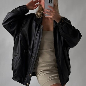 Blouson aviateur classique en cuir noir pour femmes des années 90, veste en cuir de mouton coupe droite surdimensionnée, veste en cuir pour femmes, veste en cuir souple pour femmes