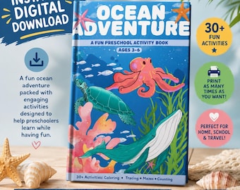 Ocean Preschool Activity Book, Ages 3-6, Tracing, Coloring, Mazes (Instant Download PDF)