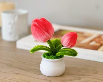 Nova Prisma Handmade Scented Pipe Cleaner Flowers Tulip, Mini Potted Artificial Flowers, Pipe Cleaner crafts, Everlasting Forever Flowers