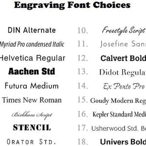 Puede incluir: Una lista de 18 opciones de fuentes diferentes para grabar, numeradas del 1 al 18. Las fuentes se muestran en una variedad de estilos, incluyendo cursiva, sans serif y serif.