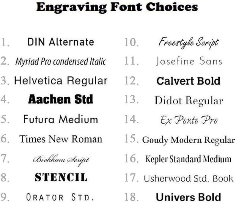 Puede incluir: Una lista de 18 opciones de fuentes diferentes para grabar, numeradas del 1 al 18. Las fuentes se muestran en una variedad de estilos, incluyendo cursiva, sans serif y serif.