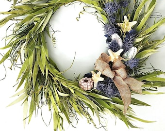 Spring Beach Grass Wreath, Coastal Summer Beach Decor Sea Grass Wreath w Sea Urchin Shells and Starfish, Beach Coastal Gifts & Wreaths