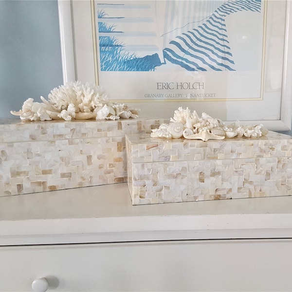 Beach Decor Seashell Boxes, Capiz Shell Storage Boxes, Luxury Coastal Home Decor Seashell Decorative Boxes - 2 SIZES