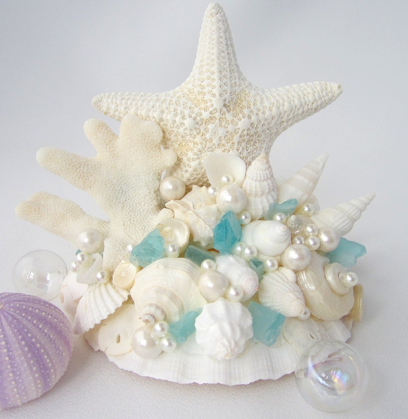 Beach Wedding Cake Topper, Nautical & Coastal Wedding Decor Cake Top, Starfish Coral and Shell Wedding Decor Cake Decoration image 1