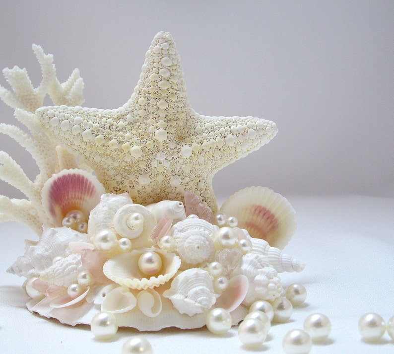 Beach Wedding Cake Topper, Nautical & Coastal Wedding Decor Cake Top, Starfish Coral and Shell Wedding Decor Cake Decoration image 2