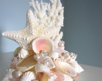 Starfish Cake Topper, Beach Wedding Cake Top, Nautical Sea Glass Wedding Cake Decoration, Coastal Seashell Wedding Cake Decor