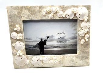 Beach Wedding Frame, Beach Wedding Gift, Beach Decor Capiz Seashell Frame, Nautical Coastal Shell Frame w Real Sand Dollars & Pearls, 5x7"