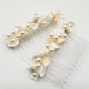 2 Beach Wedding Shell Hair Combs: Seashell & Pearl Bridal or Prom Hair Accessories