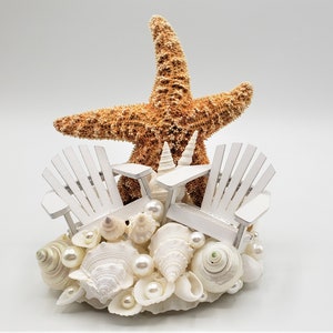 Beach Wedding Cake Topper w Adirondack Chairs, Seashells & Starfish
