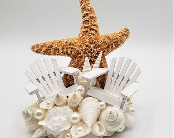 Beach Wedding Starfish Cake Topper, Nautical Coastal Adirondack Chair Cake Topper, White Seashell & Sugar Starfish Wedding Cake Decoration