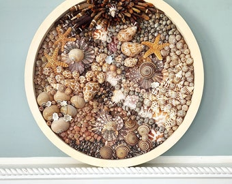 Seashell Wall Art, Beach Decor Coastal Decor Seashell Wall Hanging, Round Seashell Mosaic Beach Coastal Gift Beach Wedding Gift, 16.5"