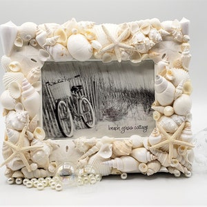 Seashell Picture Frame, Coastal Nautical Decor White Shell Art Frame, White Seashell Frame for Beach Wedding or Beach Shower Gift, 5x7 image 2