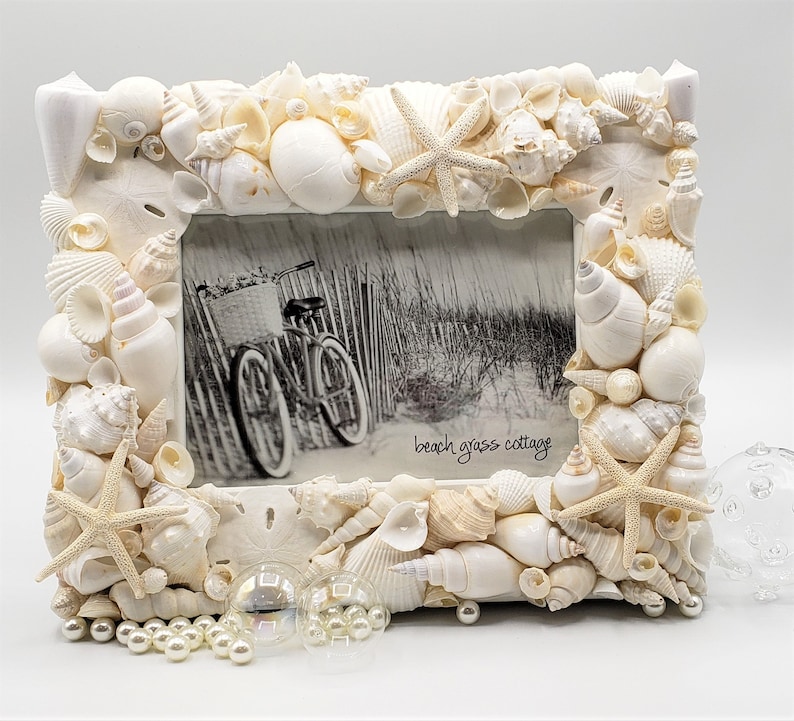 Seashell Picture Frame, Coastal Nautical Decor White Shell Art Frame, White Seashell Frame for Beach Wedding or Beach Shower Gift, 5x7 image 2