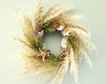 Beach Decor Spring Wreath, Coastal Decor Pampas Grass Wreath, Whispy Grass Wreath w REAL Starfish, Shells, & Sand Dollars - 24" Spread