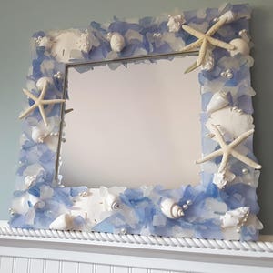 Sea Glass Mirror, Beach Decor Seashell & Seaglass Mirror, Nautical Beach Glass Mirror, Coastal Decor Sea Glass Wall Mirror