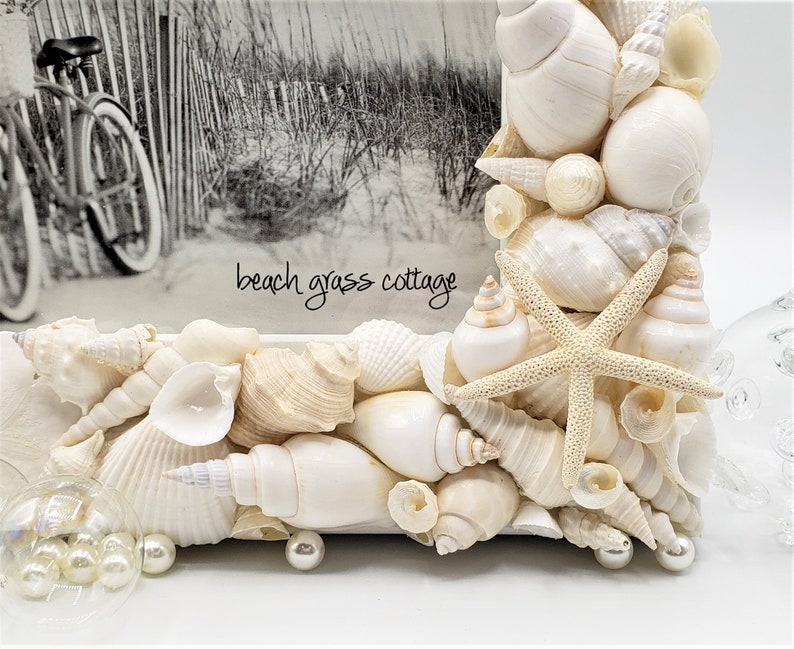 Seashell Picture Frame, Coastal Nautical Decor White Shell Art Frame, White Seashell Frame for Beach Wedding or Beach Shower Gift, 5x7 image 6