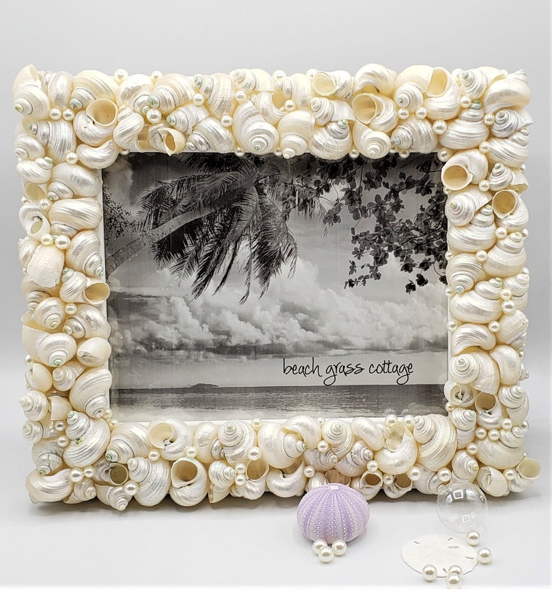 Beach Decor Seashell Frame, Nautical Coastal Decor Beach Wedding Gift or Shower Gift Shell Picture Frame, 5x7 image 4