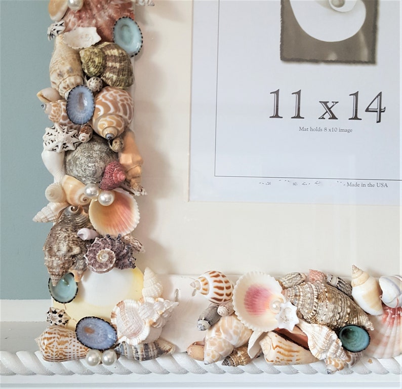 Seashell Wall Frame, Nautical Coastal Beach Decor Shell Art Frame, Seashell Wall Beach Wedding Frame, 11x14 WHITE or COLORED image 7