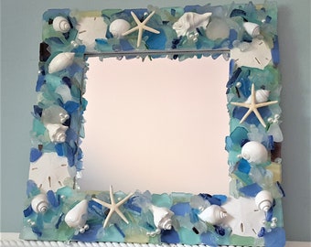 Beach Decor Sea Glass Mirror, Nautical Decor Beach Glass Mirror, Coastal Decor Seaglass & Seashell Mirror, Shell Mirror, Sea Glass Decor