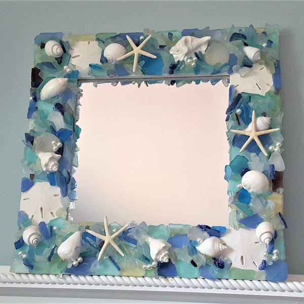 Beach Decor Sea Glass Mirror, Nautical Decor Beach Glass Mirror, Coastal Decor Seaglass & Seashell Mirror, Shell Mirror, Sea Glass Decor