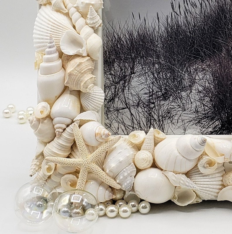 Seashell Picture Frame, Coastal Nautical Decor White Shell Art Frame, White Seashell Frame for Beach Wedding or Beach Shower Gift, 5x7 image 7
